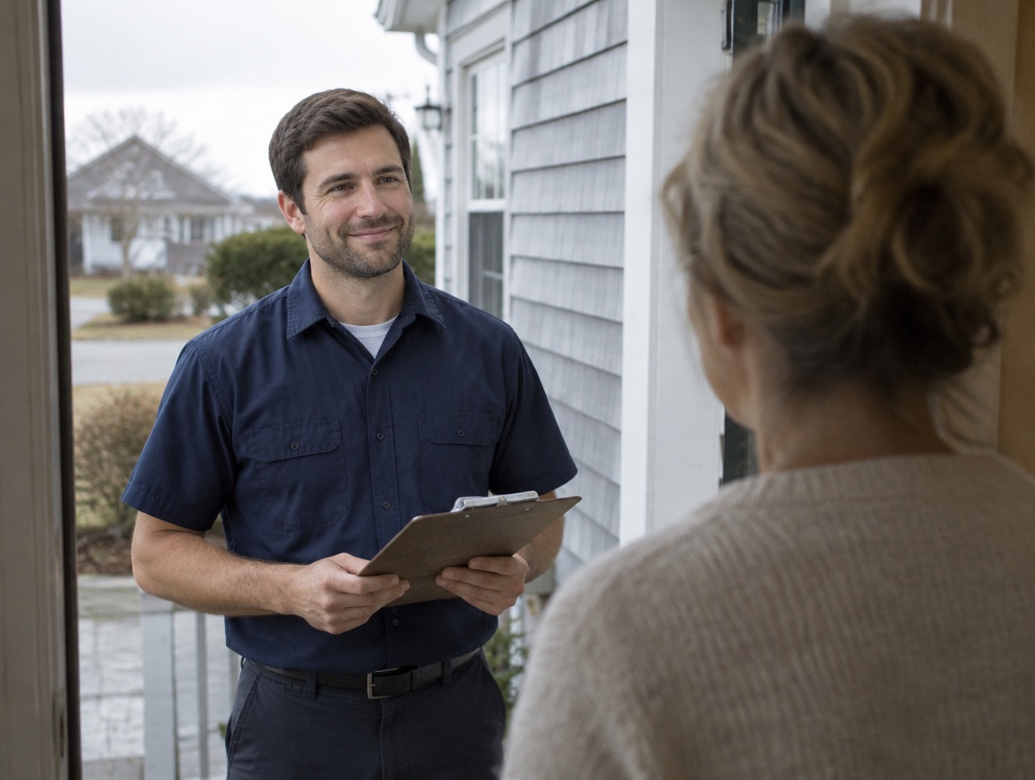 A smiling technician in a navy work shirt at a front door, holding a clipboard, greeting the homeowner.