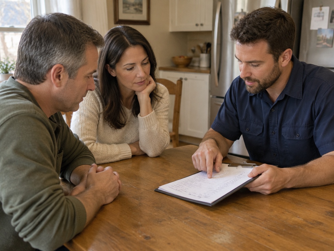 A technician at a kitchen table pointing to a line on a written estimate while two homeowners look on.